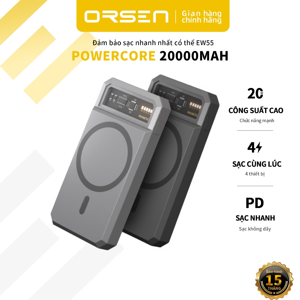 Sạc dự phòng từ tính ORSEN EW55 20000mAH PD 20w không dây USB Type C 100% chính hãng