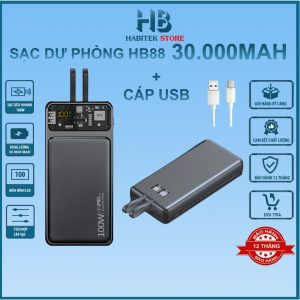 Sẵn Sạc Dự Phòng 30000mah Habitek HB88 Sạc Nhanh 100W, Tích Hợp 2 Dây Cap Sạc, Sạc Cho Mọi Dòng Điện Thoại, BH 6 Tháng| Shop Phụ Kiện Số