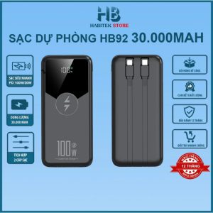Sẵn Sạc Dự Phòng 30000mah và 50000mah HABITEK HB92 Sạc Nhanh 100W, Tích Hợp Dây Sạc, Sạc Mọi Loại Máy Điện Thoại, BH 6 Tháng| Shop Phụ Kiện Số