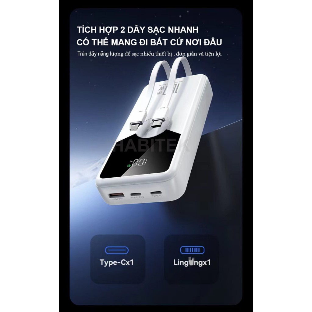 Sẵn Sạc Dự Phòng 30000mah và 50000mah HABITEK HB92 Sạc Nhanh 100W, Tích Hợp Dây Sạc, Sạc Mọi Loại Máy Điện Thoại, BH 6 Tháng| Shop Phụ Kiện Số - Ảnh 2